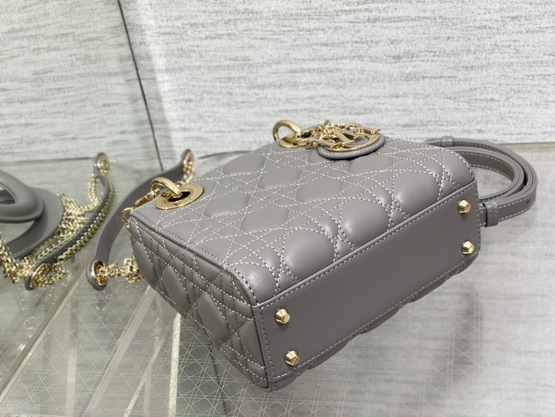 Dior Elegant Grey Quilted Leather Mini Handbag with Gold Chain Strap