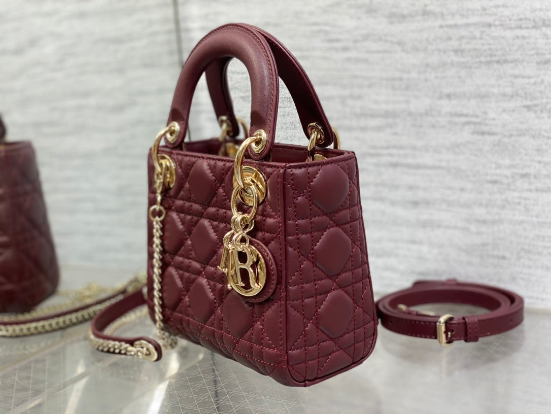 Dior Burgundy Quilted Leather Mini Top Handle Crossbody Bag with Gold Hardware