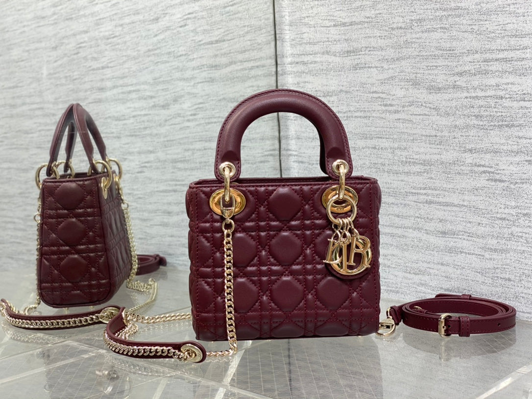 Dior Burgundy Quilted Leather Mini Top Handle Crossbody Bag with Gold Hardware
