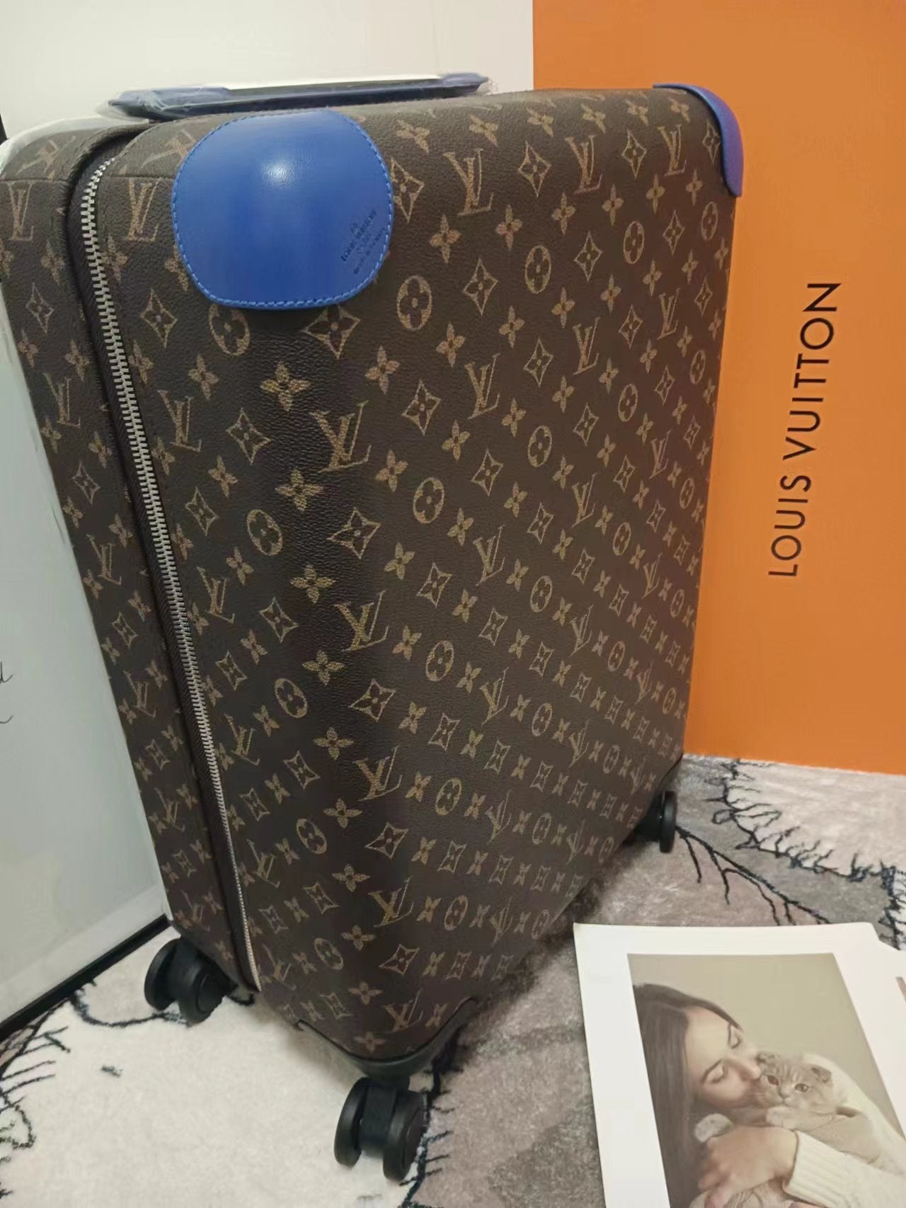 Vintage Monogram Rolling Suitcase with Blue Accents