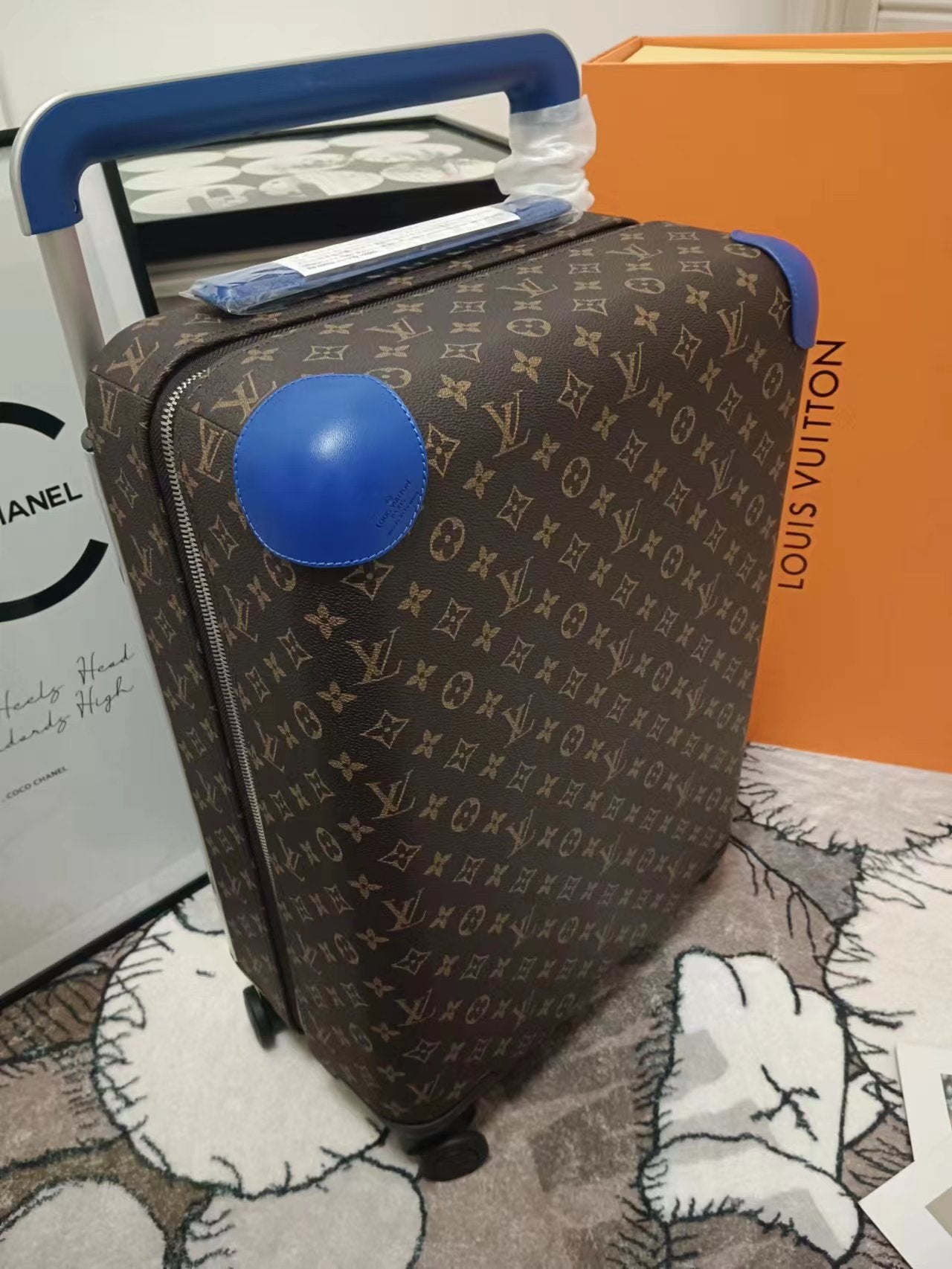 Vintage Monogram Rolling Suitcase with Blue Accents
