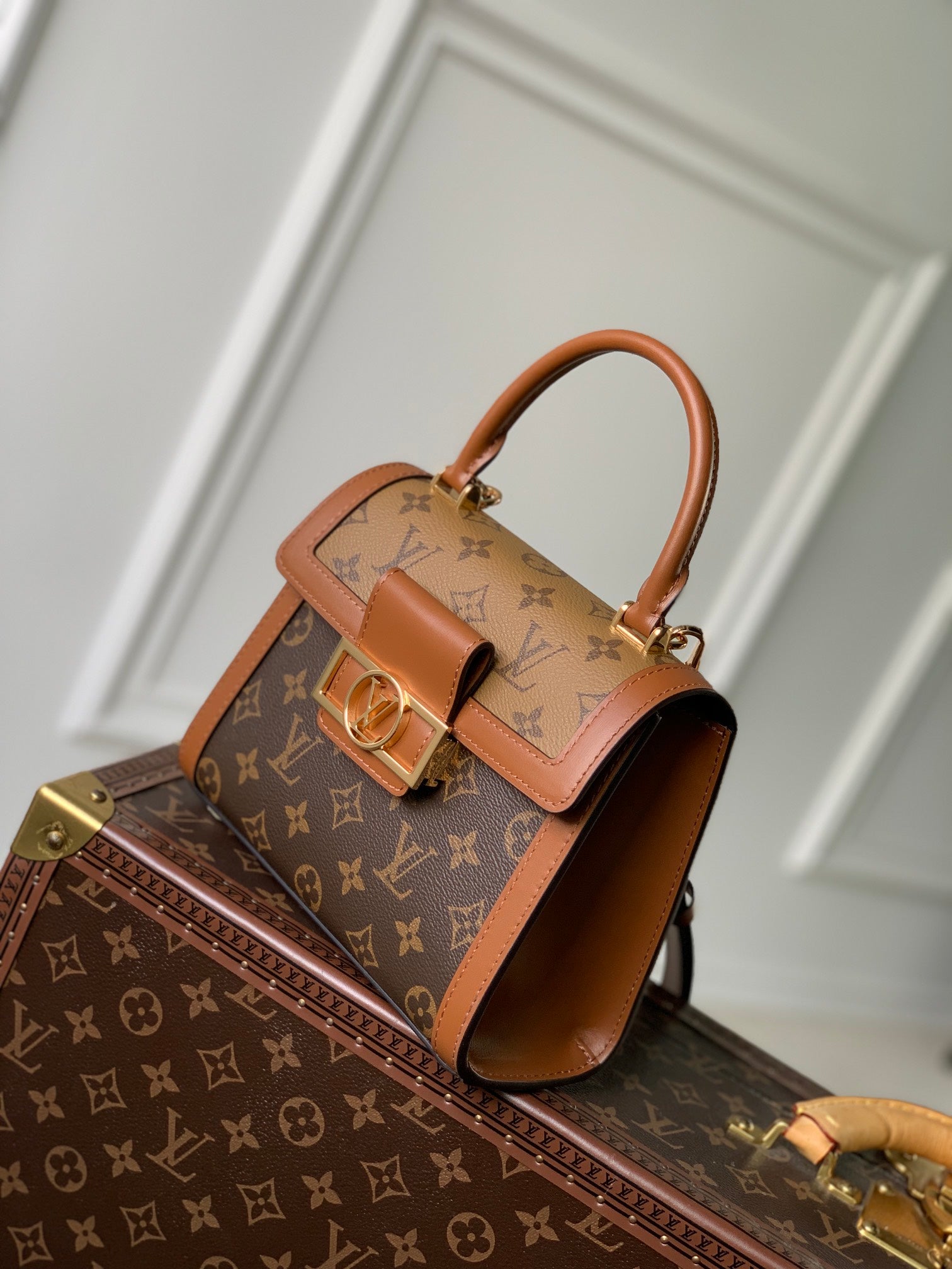 Louis Vuitton Classic Brown Monogram Top Handle Handbag with Gold Clasp