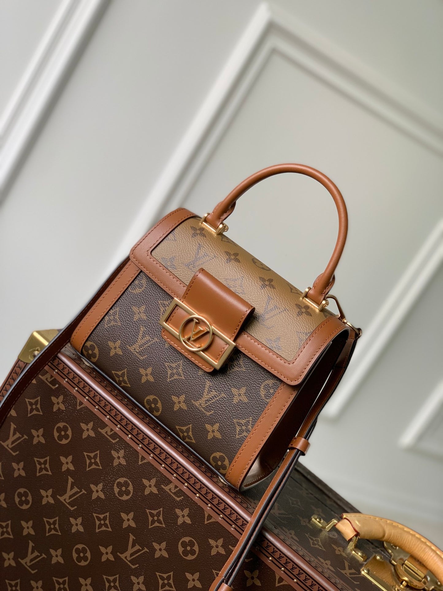 Louis Vuitton Classic Brown Monogram Top Handle Handbag with Gold Clasp