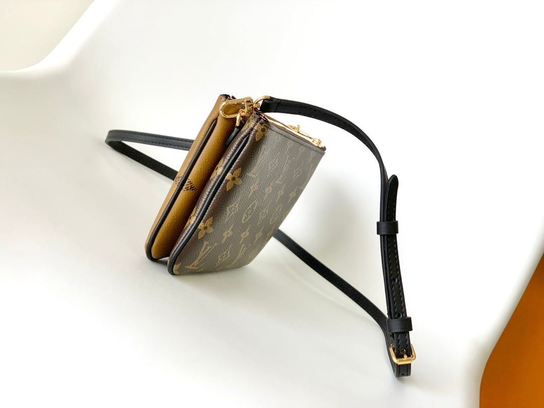 Louis Vuitton Minimalist Tan Logo Print Crossbody Pouch with Slim Black Strap