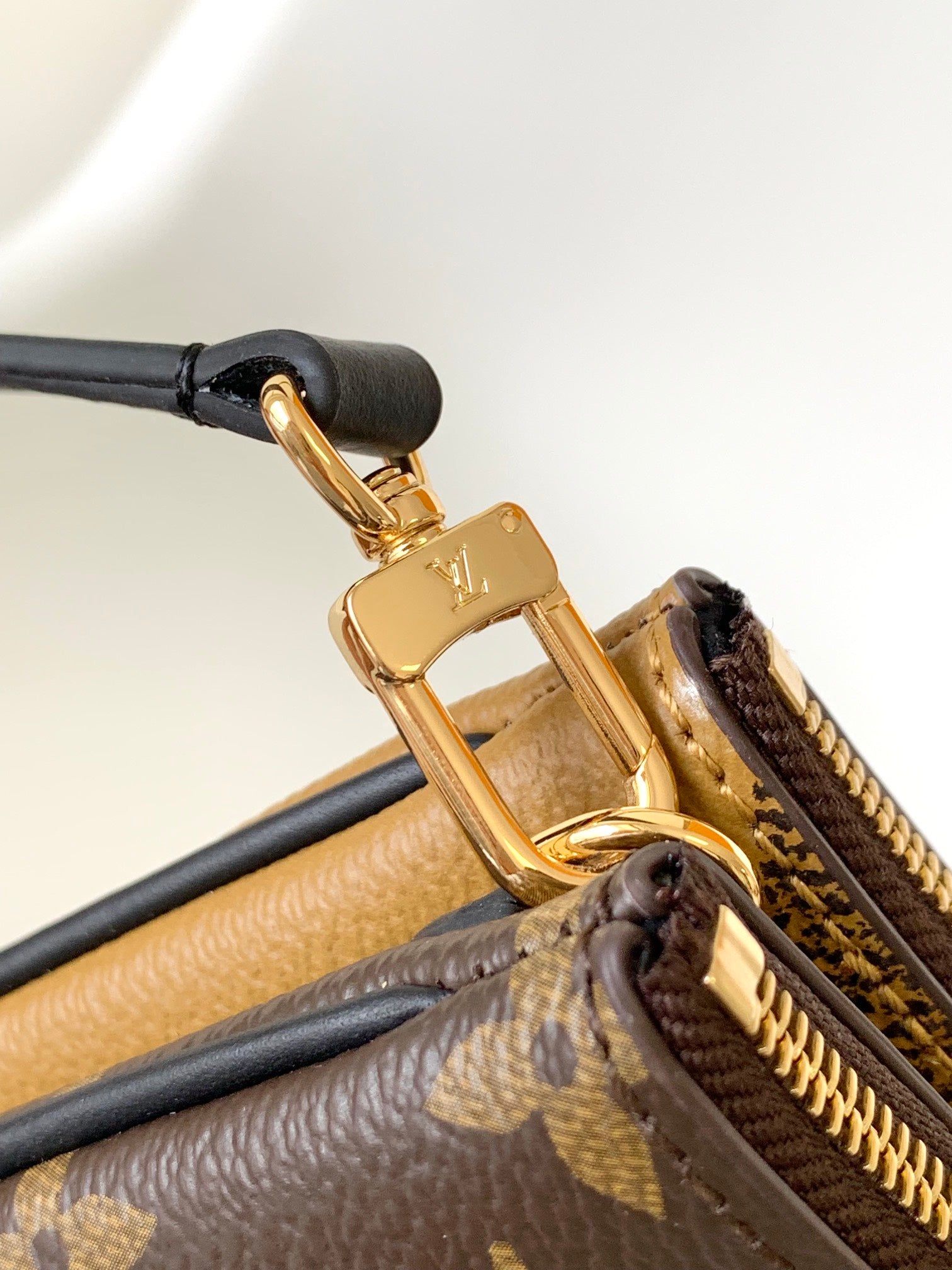 Louis Vuitton Minimalist Tan Logo Print Crossbody Pouch with Slim Black Strap