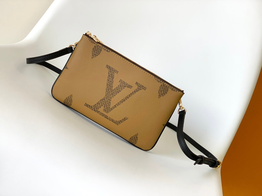 Louis Vuitton Minimalist Tan Logo Print Crossbody Pouch with Slim Black Strap