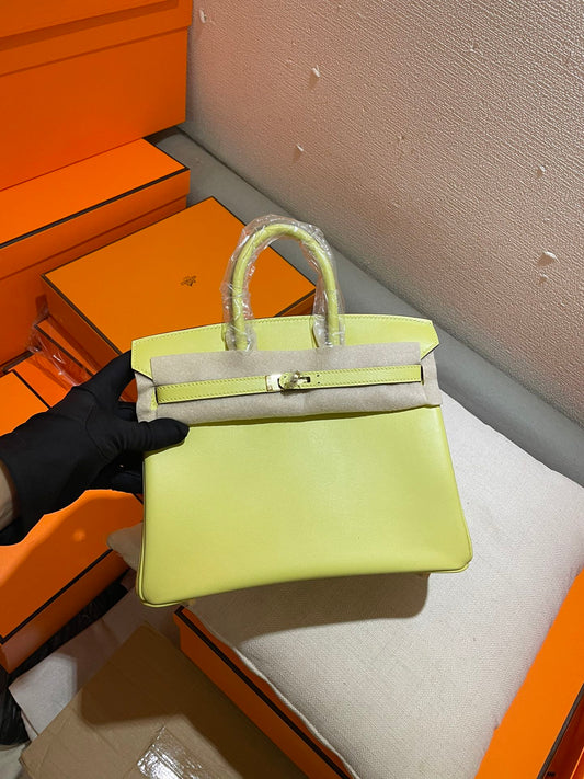 Vibrant Lime Green Leather Top Handle Handbag - Elegant Birkin Style Tote with Gold Hardware