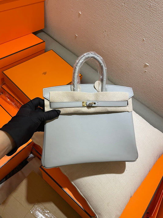 Luxury Leather Top Handle Handbag - Birkin Style - Light Blue