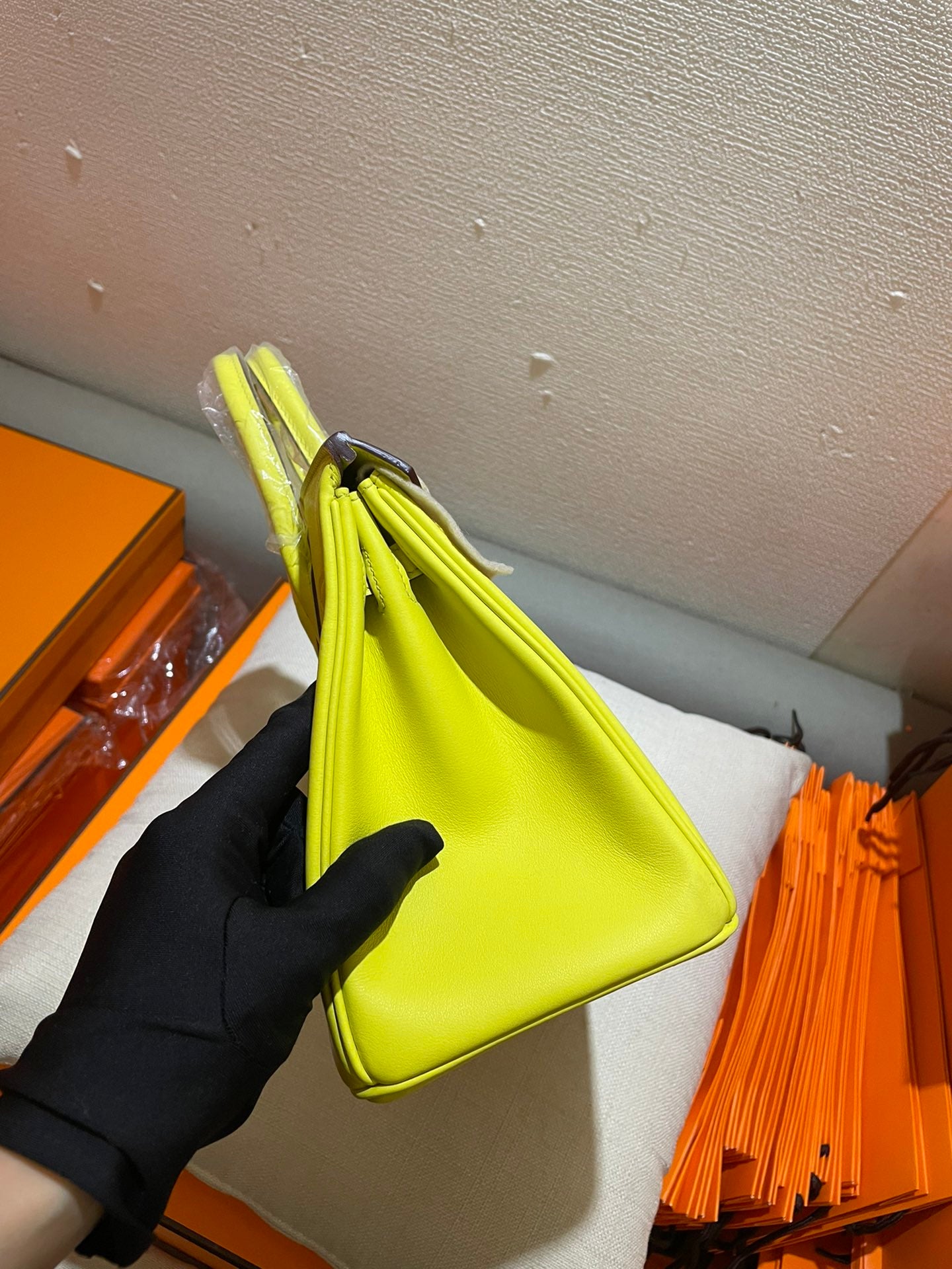 Lime Yellow Premium Leather Top Handle Handbag with Gold-Tone Hardware