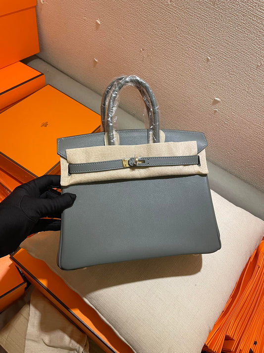 Luxury Grey Leather Top Handle Bag - Classic Designer Style Fashion Handbag for Women
