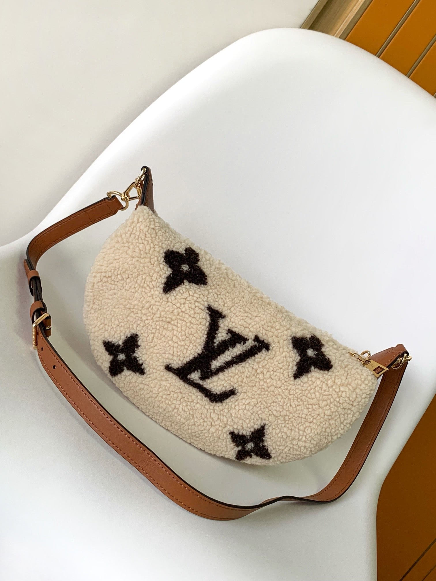 Louis Vuitton Plush Shearling Crescent Shoulder Bag with Gold Chain Strap