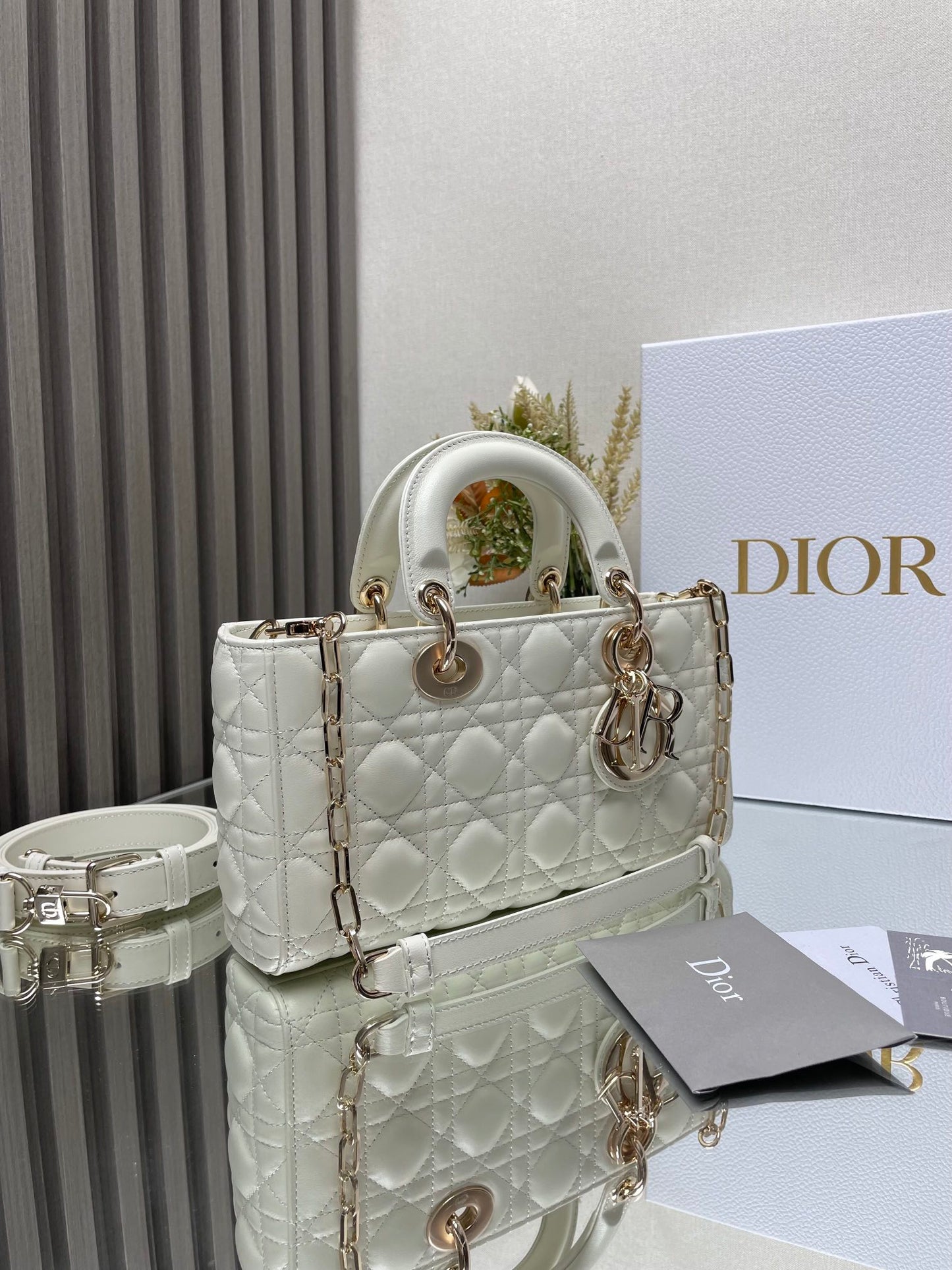 Dior Elegant White Quilted Leather Top Handle Bag with Gold Chain Strap