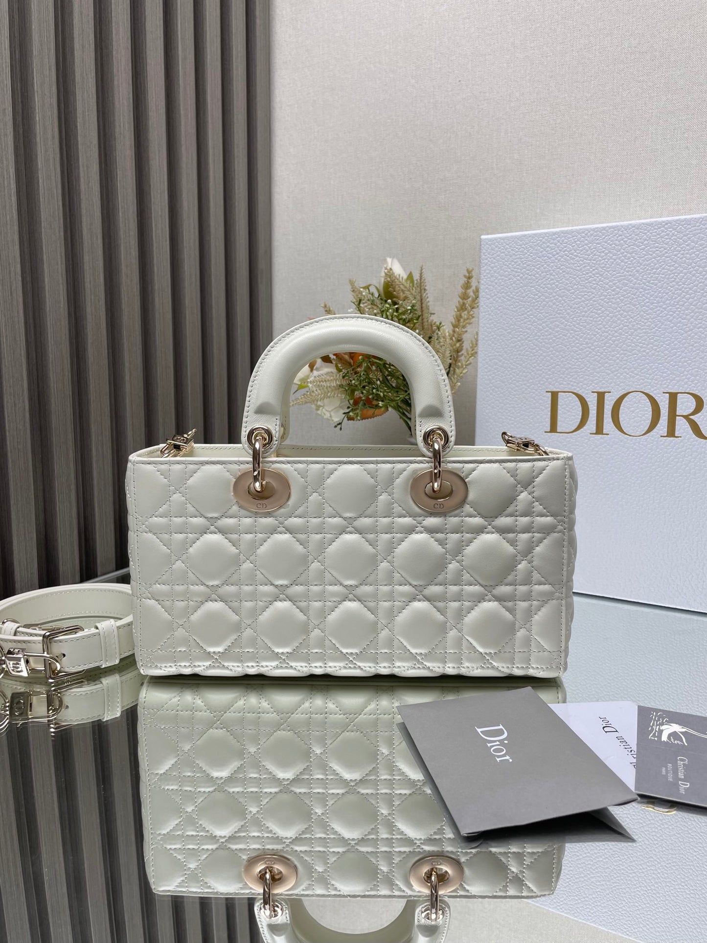 Dior Elegant White Quilted Leather Top Handle Bag with Gold Chain Strap