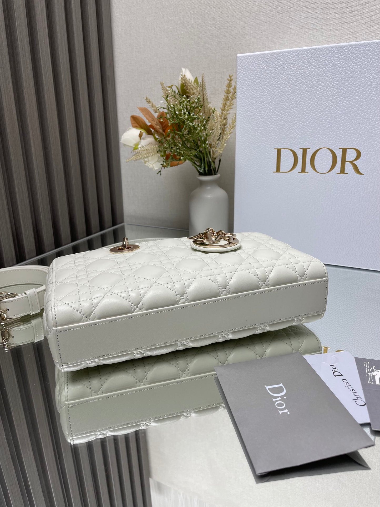Dior Elegant White Quilted Leather Top Handle Bag with Gold Chain Strap
