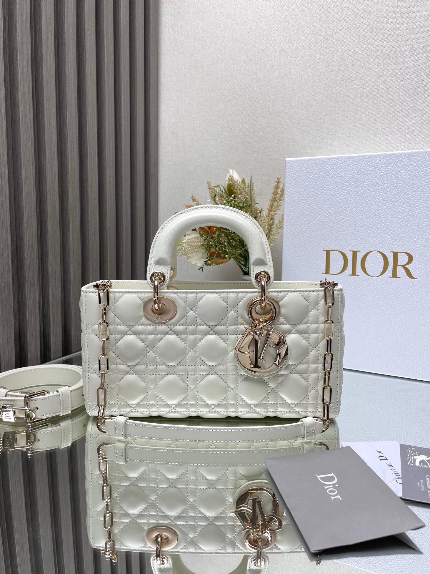 Dior Elegant White Quilted Leather Top Handle Bag with Gold Chain Strap