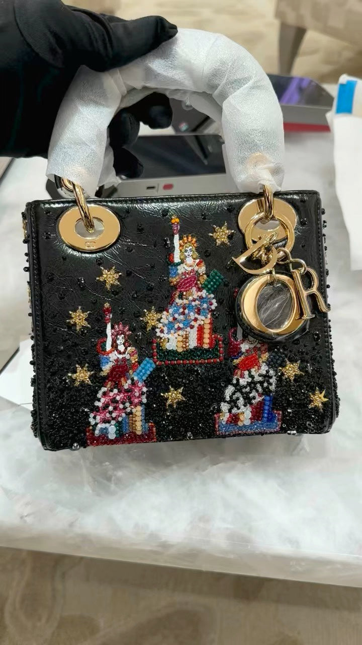 Christian Dior Lady Dior Mini Black Embroidered Leather Bag with Gold Star Studs