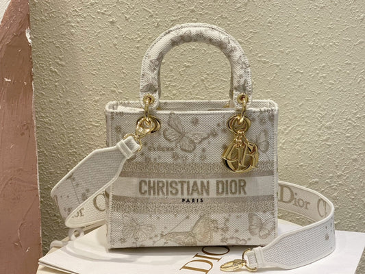 Dior Elegant Butterfly Embroidered Canvas Top Handle Bag with Shoulder Strap