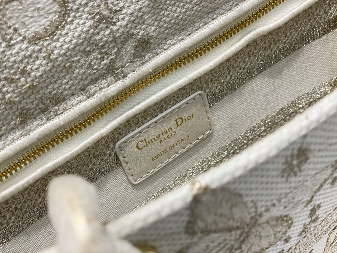 Dior Elegant Butterfly Embroidered Canvas Top Handle Bag with Shoulder Strap