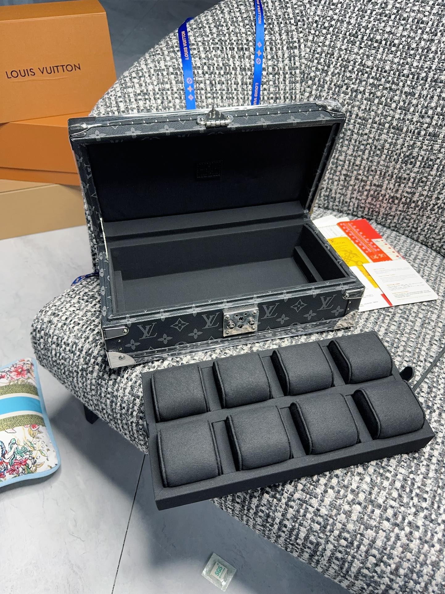 Luxury Black Monogram 8-Slot Watch Trunk Case with Removable Tray
