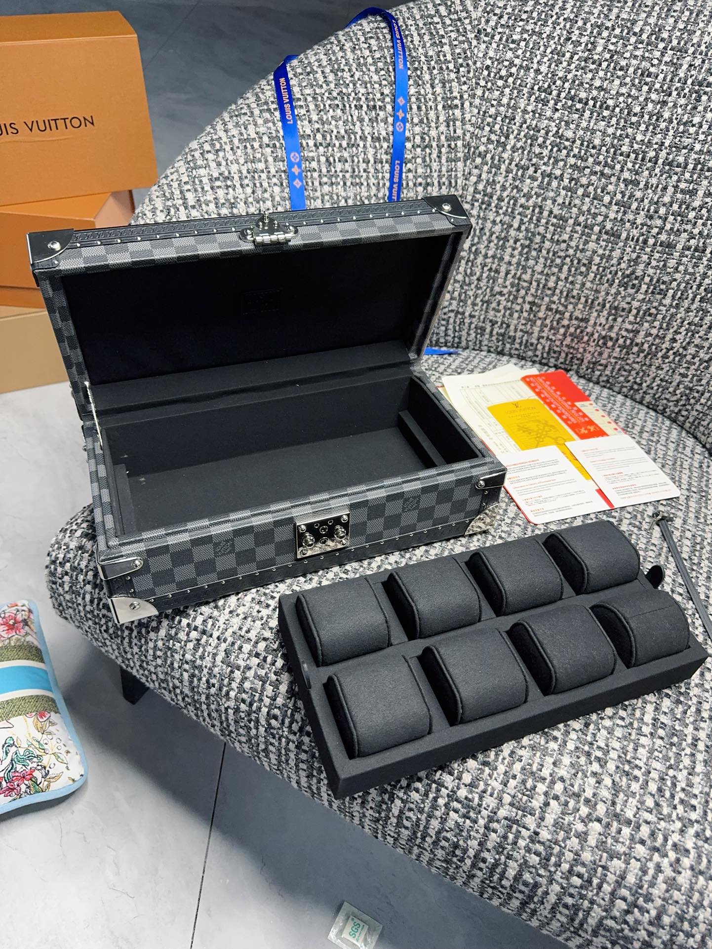 Luxury Black Monogram 8-Slot Watch Trunk Case with Removable Tray