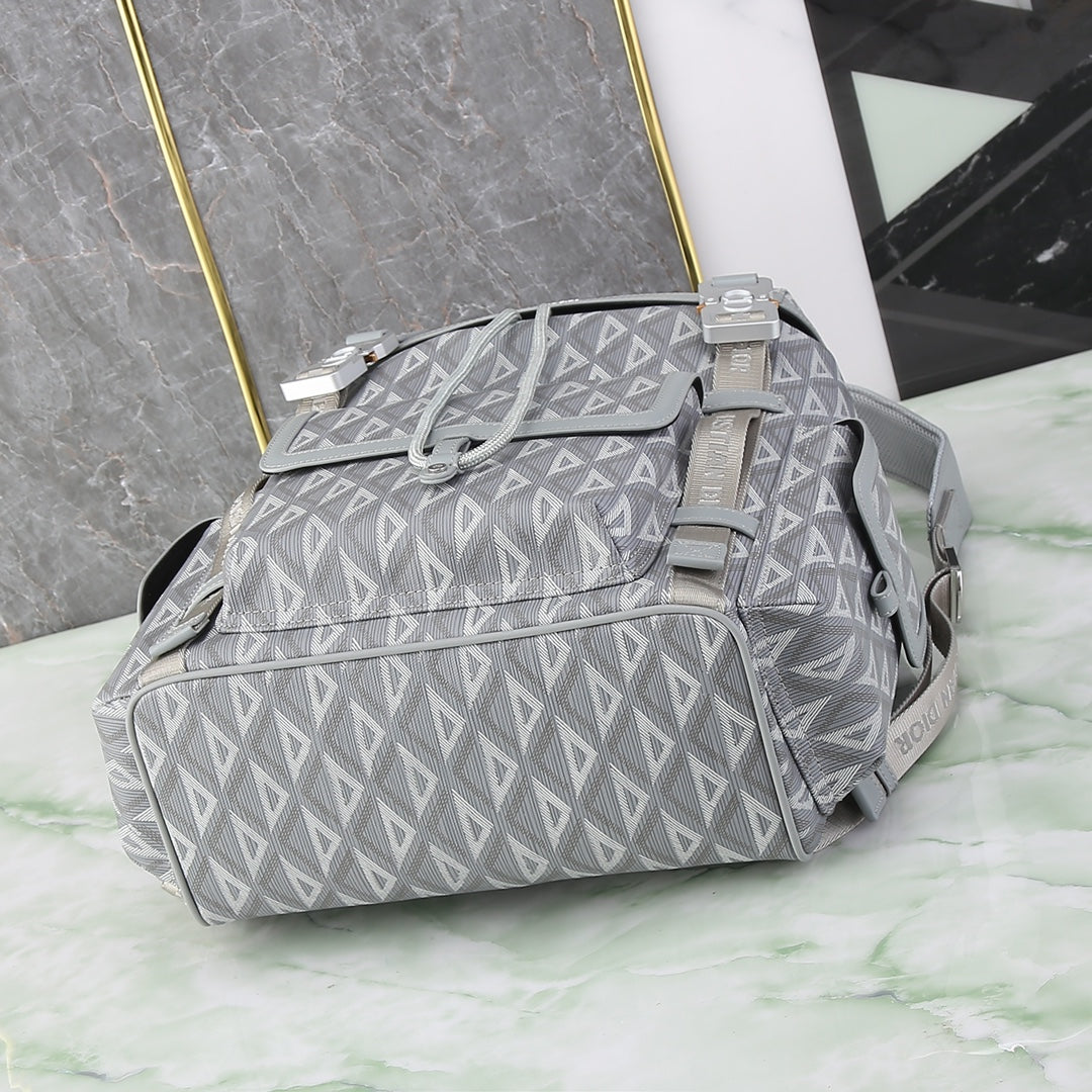 Dior Grey Geometric Diamond Pattern Drawstring Travel Backpack