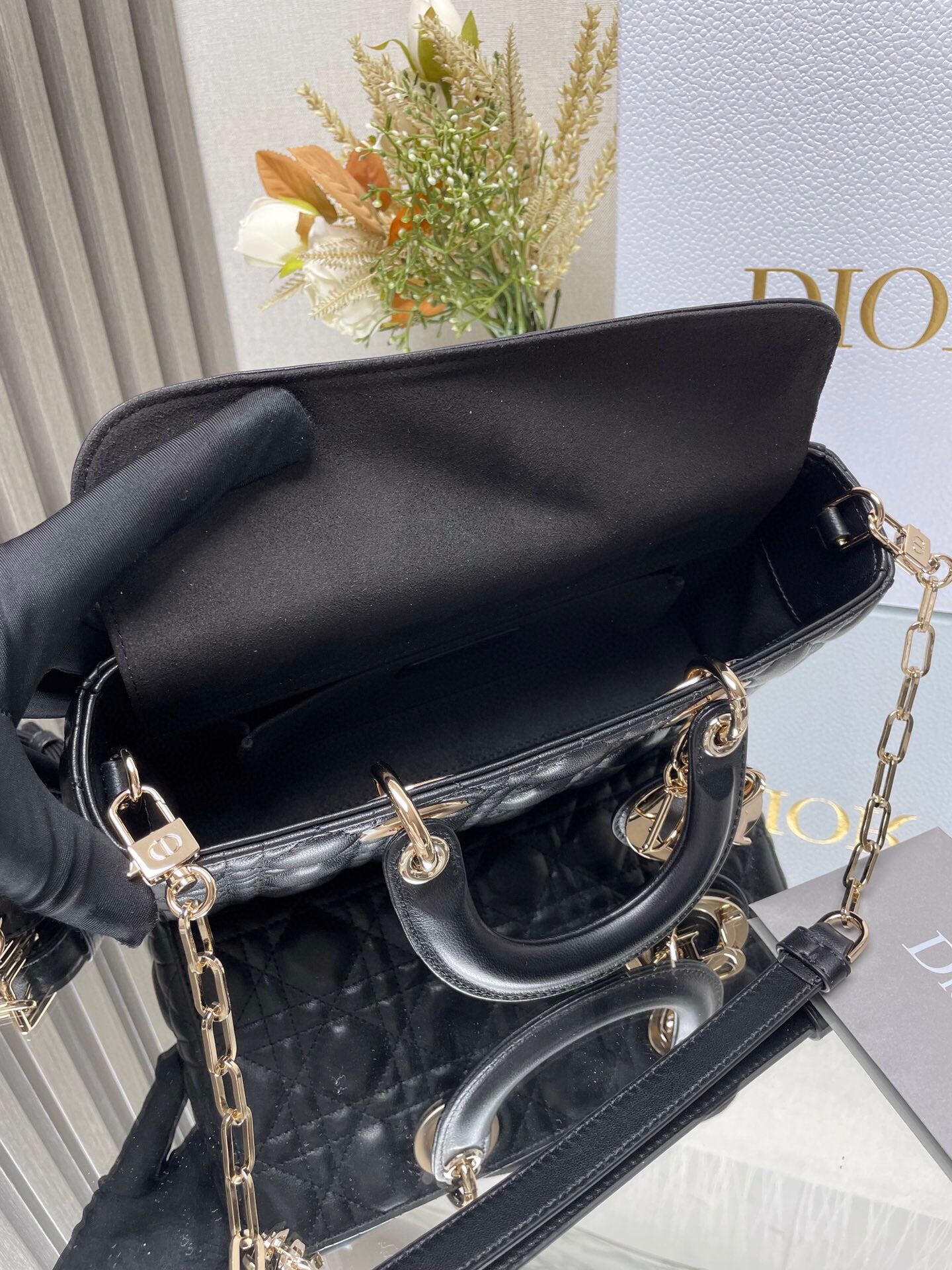 Dior Black Quilted Leather Top Handle Handbag with Gold Chain Strap