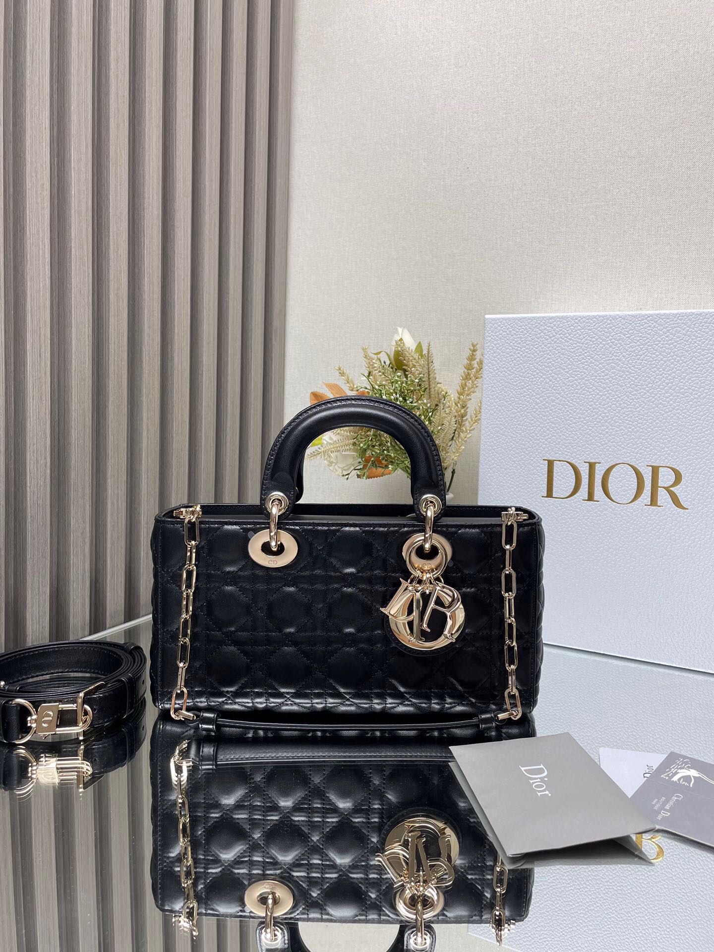 Dior Black Quilted Leather Top Handle Handbag with Gold Chain Strap