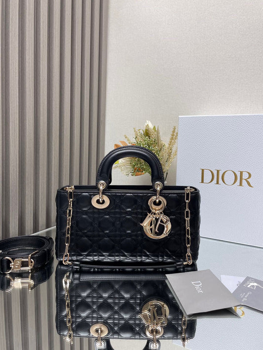 Dior Black Quilted Leather Top Handle Handbag with Gold Chain Strap