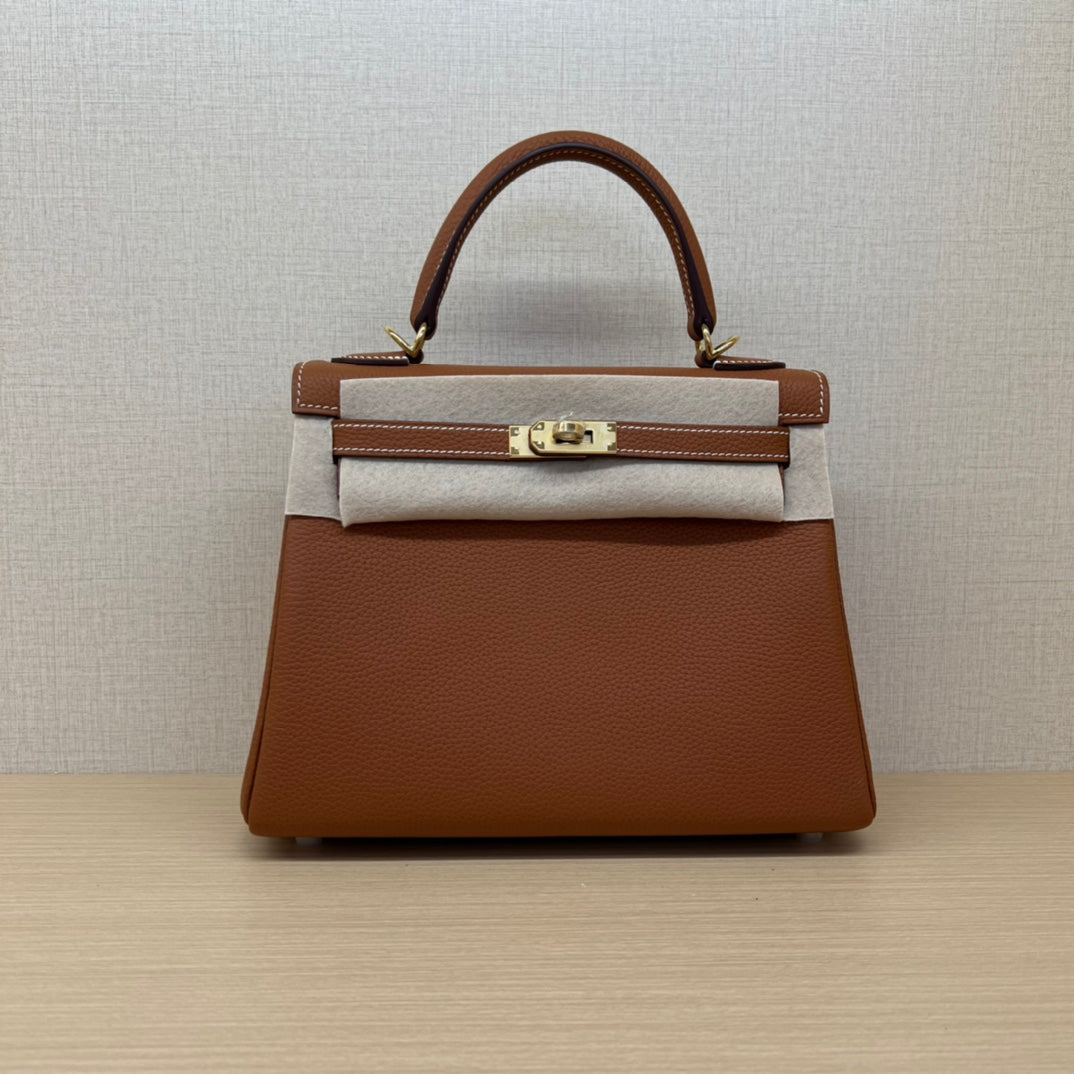 Classic Tan Leather Top Handle Handbag - Structured Luxury Satchel with Gold Hardware