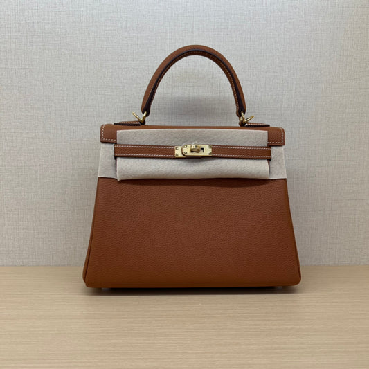 Classic Tan Leather Top Handle Handbag - Structured Luxury Satchel with Gold Hardware