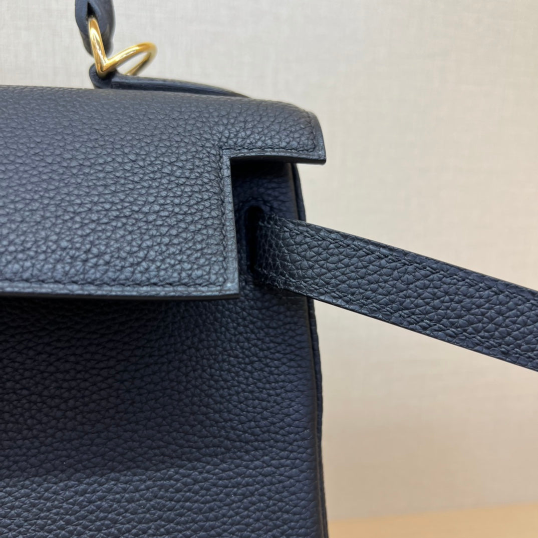 Luxury Two-Tone Leather Top Handle Handbag - Navy Blue &amp; Beige with Gold Hardware