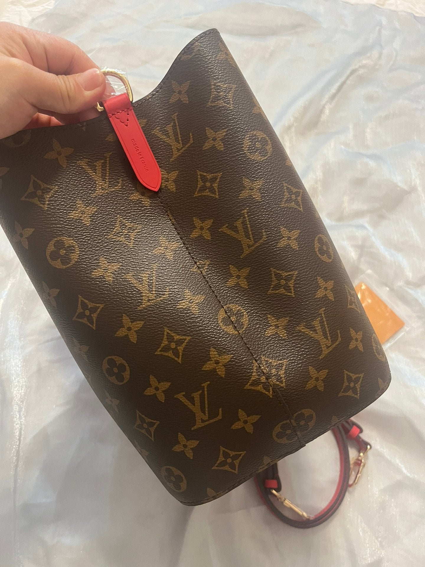 Louis Vuitton Brown Monogram Canvas Drawstring Bucket Bag with Red Strap
