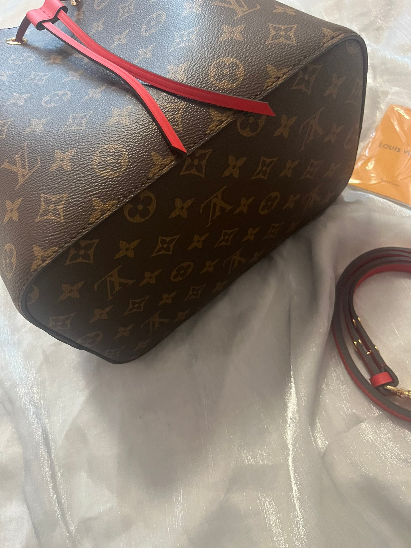 Louis Vuitton Brown Monogram Canvas Drawstring Bucket Bag with Red Strap