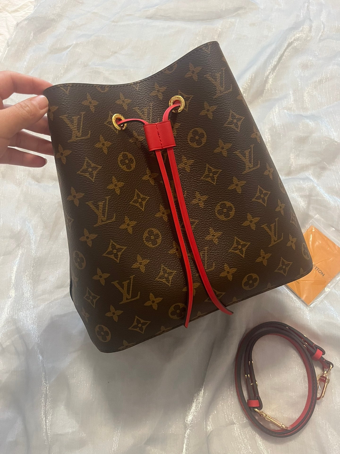 Louis Vuitton Brown Monogram Canvas Drawstring Bucket Bag with Red Strap
