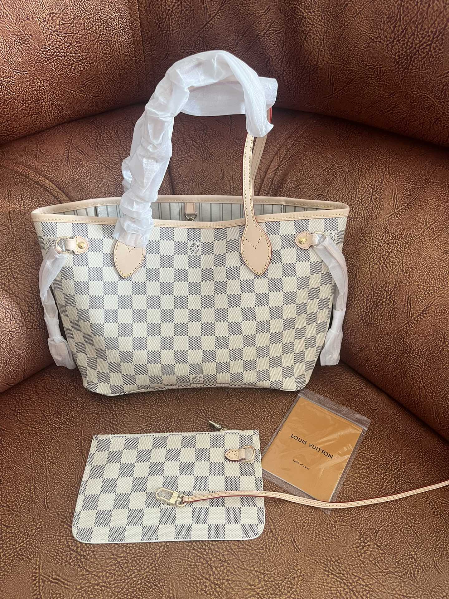Louis Vuitton Classic Grey and White Checkered Shoulder Tote Bag with Pouch Set