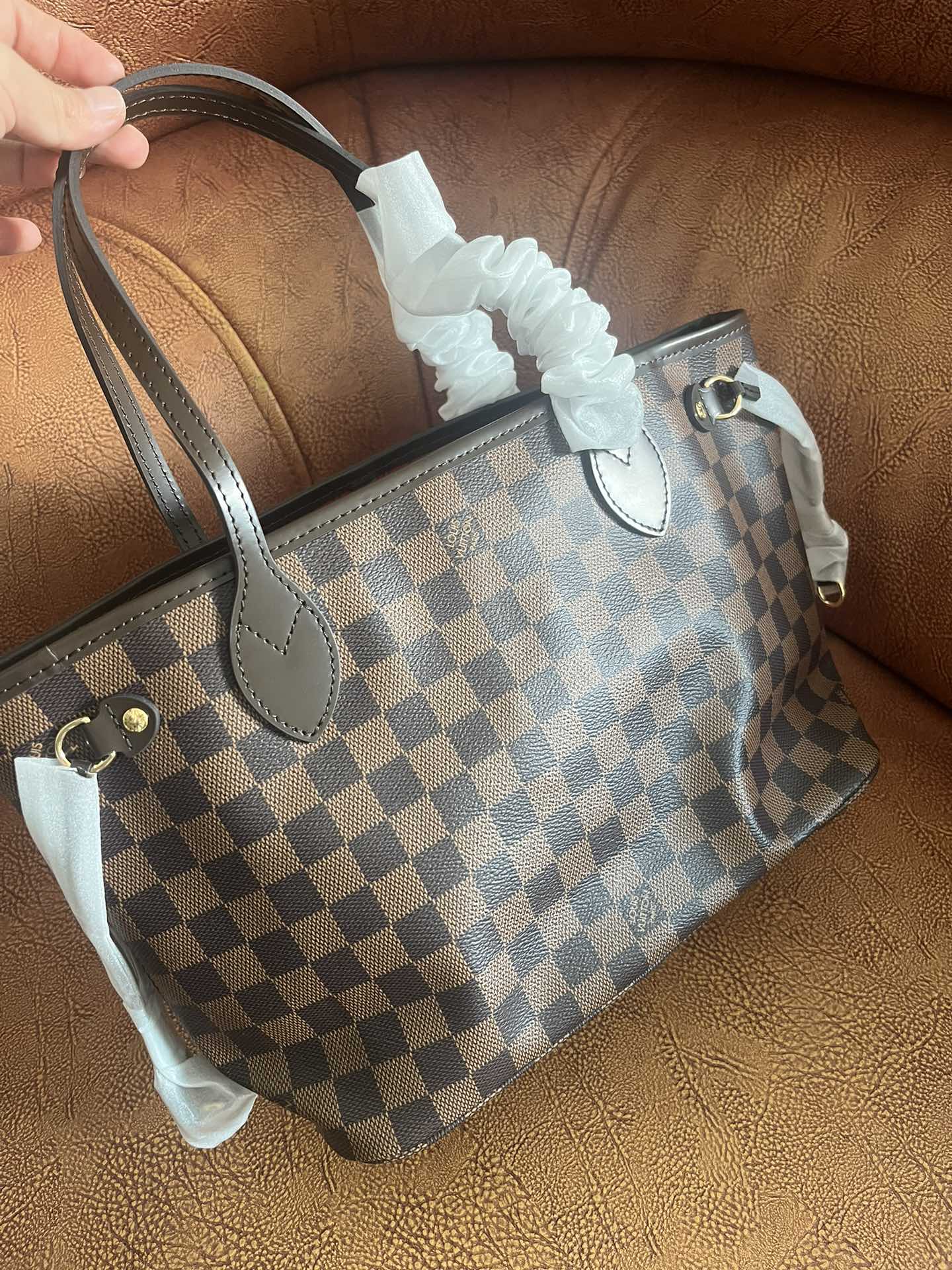 Louis Vuitton Classic Brown Checkered Canvas Tote Bag with Shoulder Straps