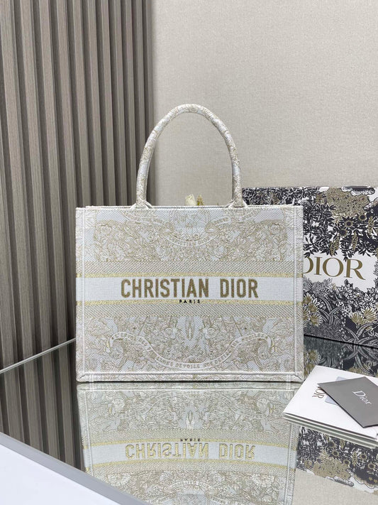 Dior Beige Floral Embroidered Canvas Tote Bag Large Shoulder Handbag