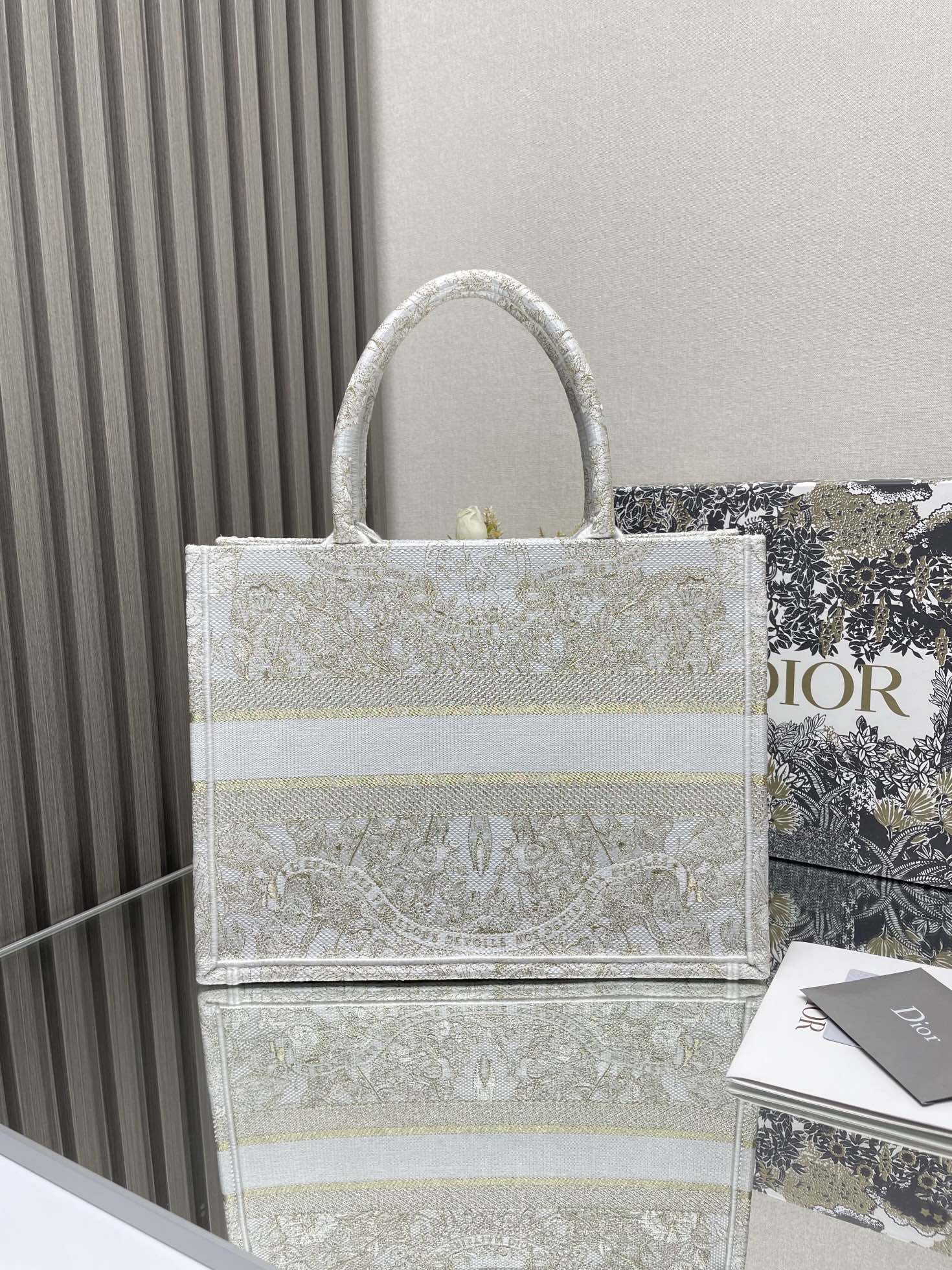 Christian Dior Large Book Tote - White and Gold Embroidered Canvas