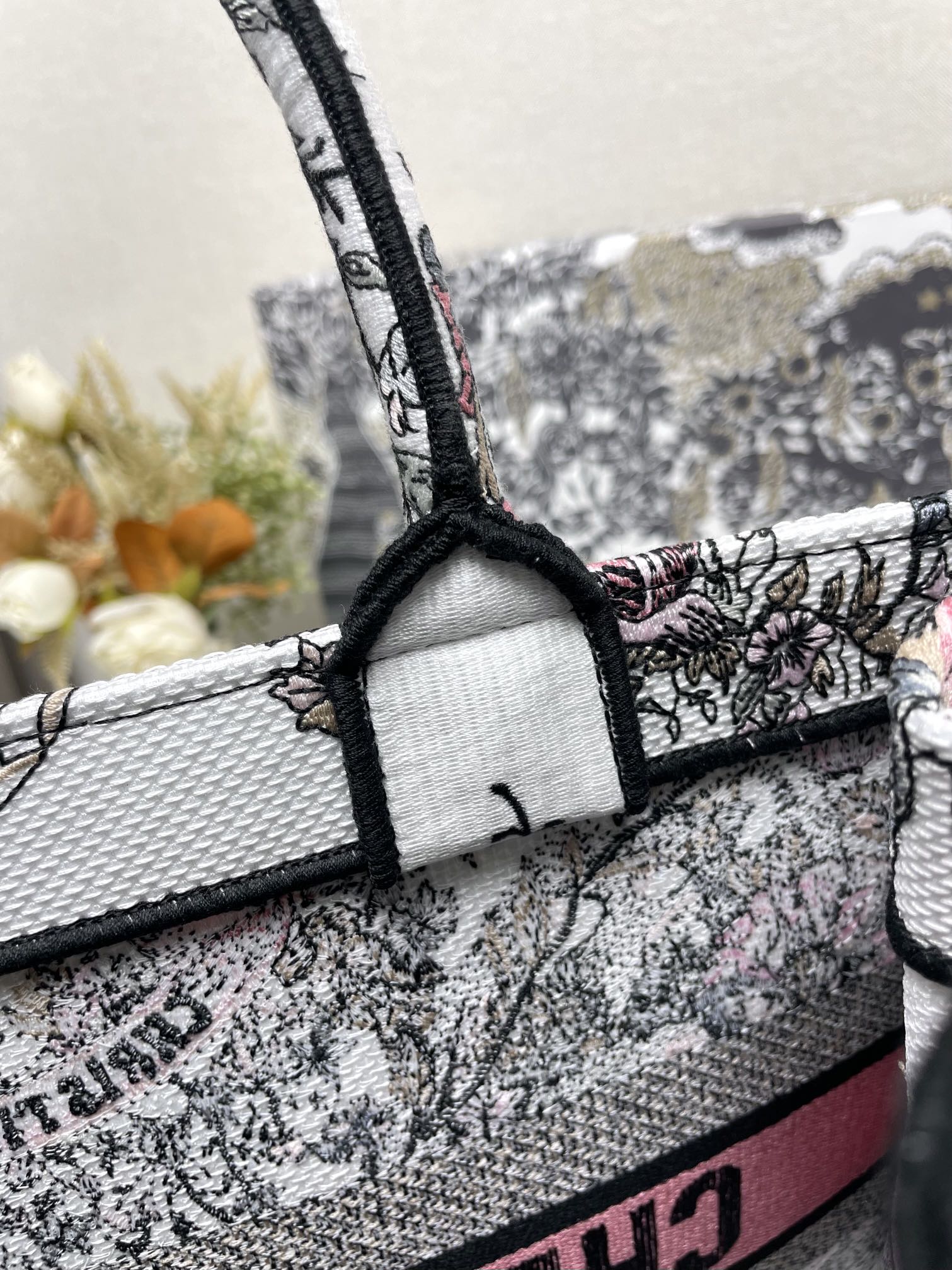 Dior Elegant Pink and Black Floral Tapestry Canvas Tote Handbag