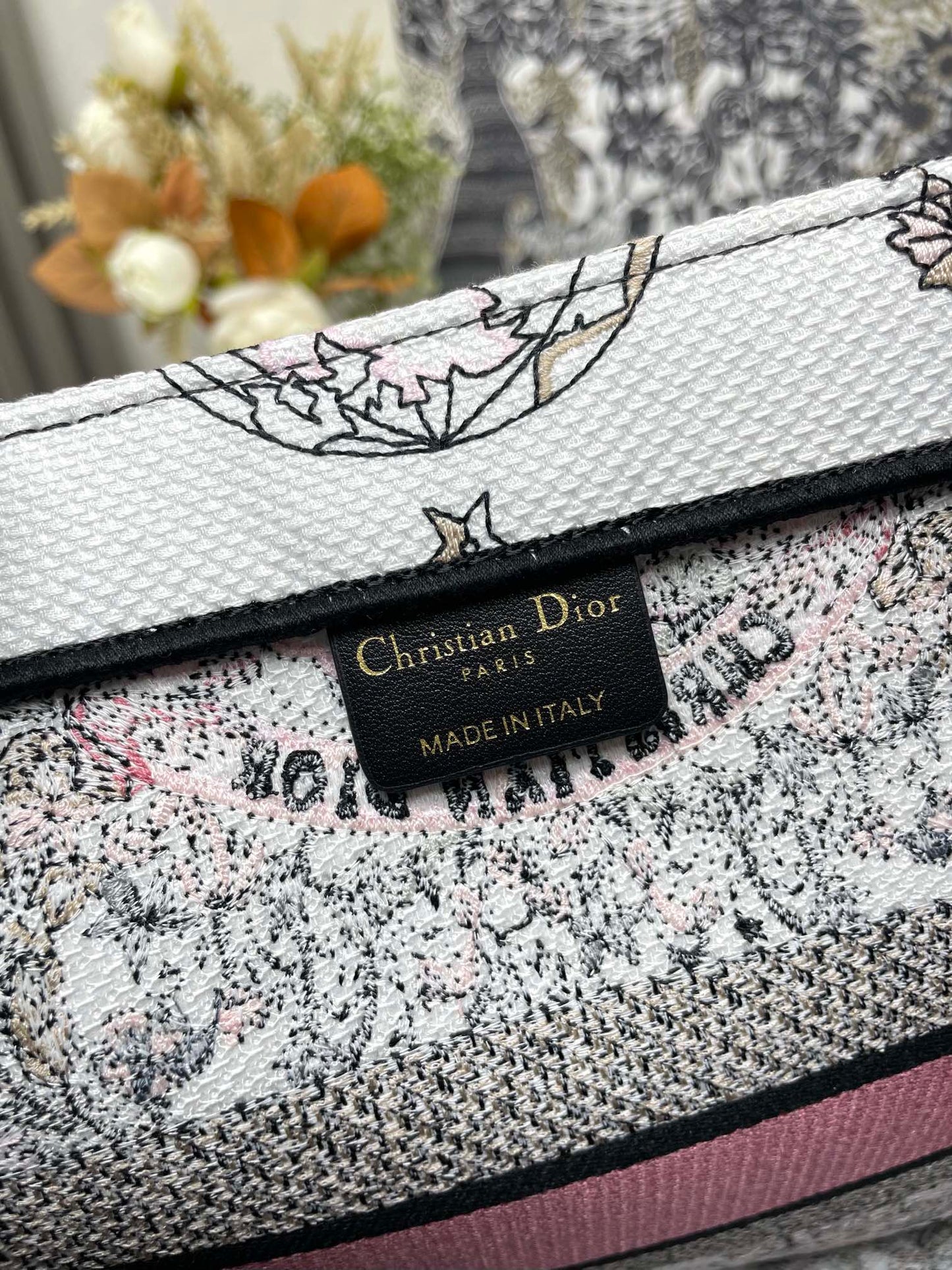 Dior Elegant Pink and Black Floral Tapestry Canvas Tote Handbag