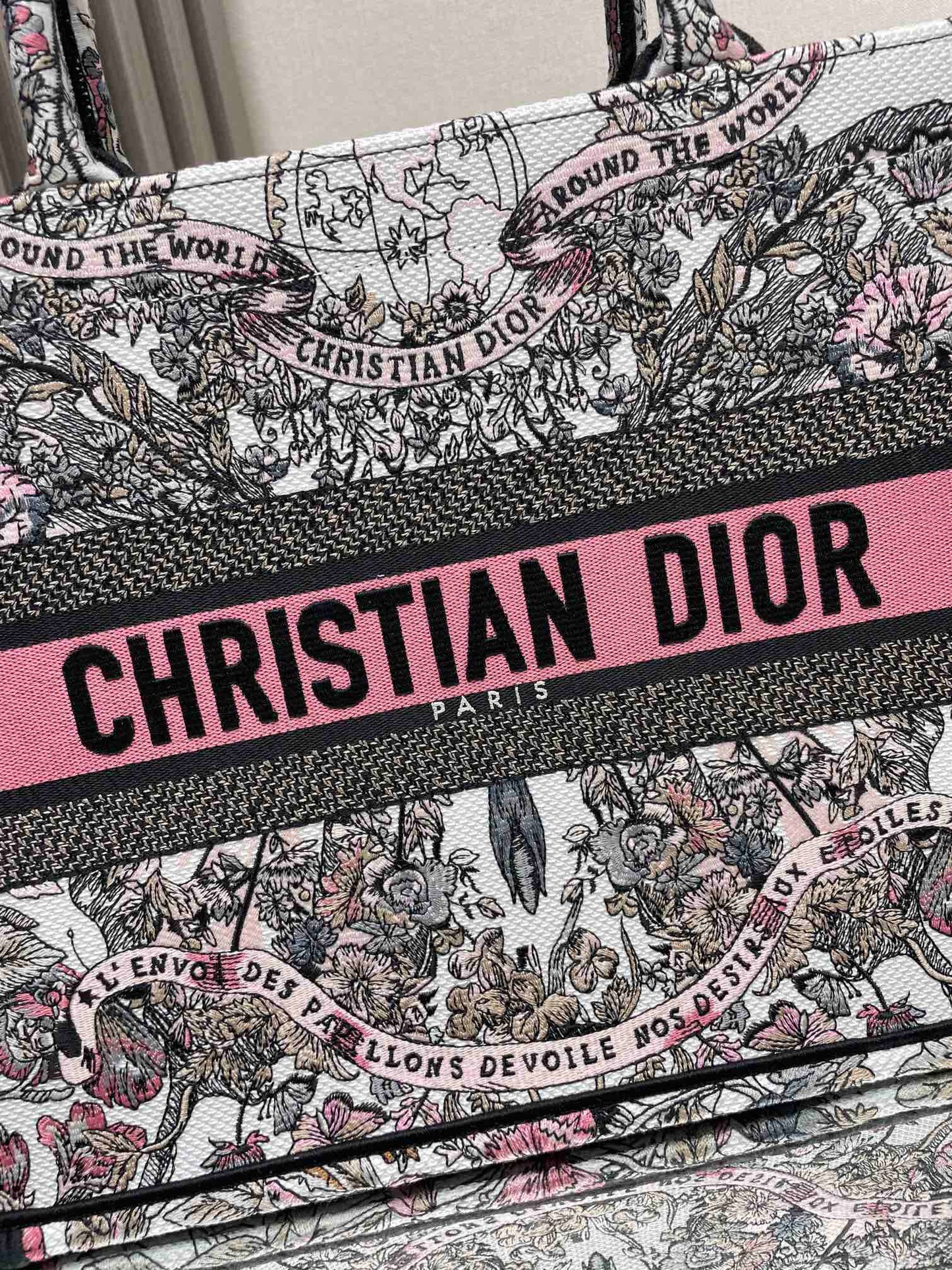 Dior Elegant Pink and Black Floral Tapestry Canvas Tote Handbag