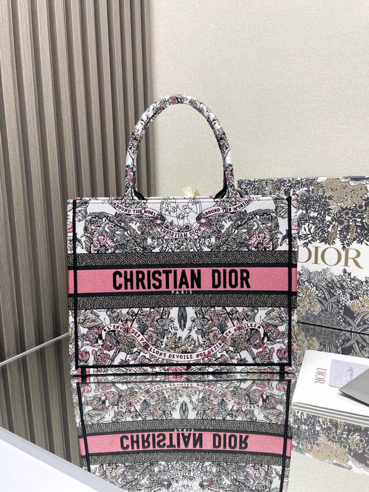 Christian Dior Medium Book Tote - Grey, White, and Pink Toile de Jouy Embroidery