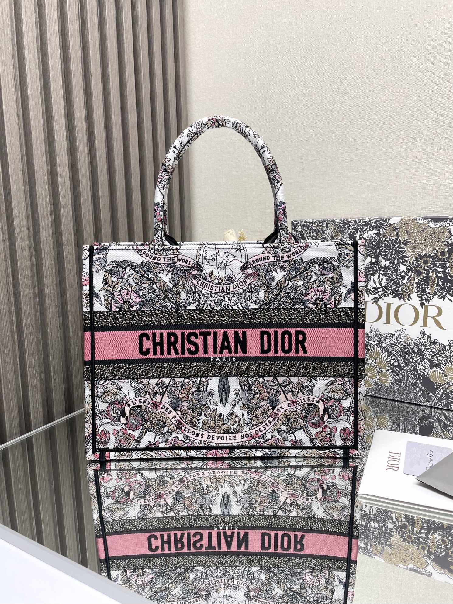 Dior Elegant Pink and Black Floral Tapestry Canvas Tote Handbag