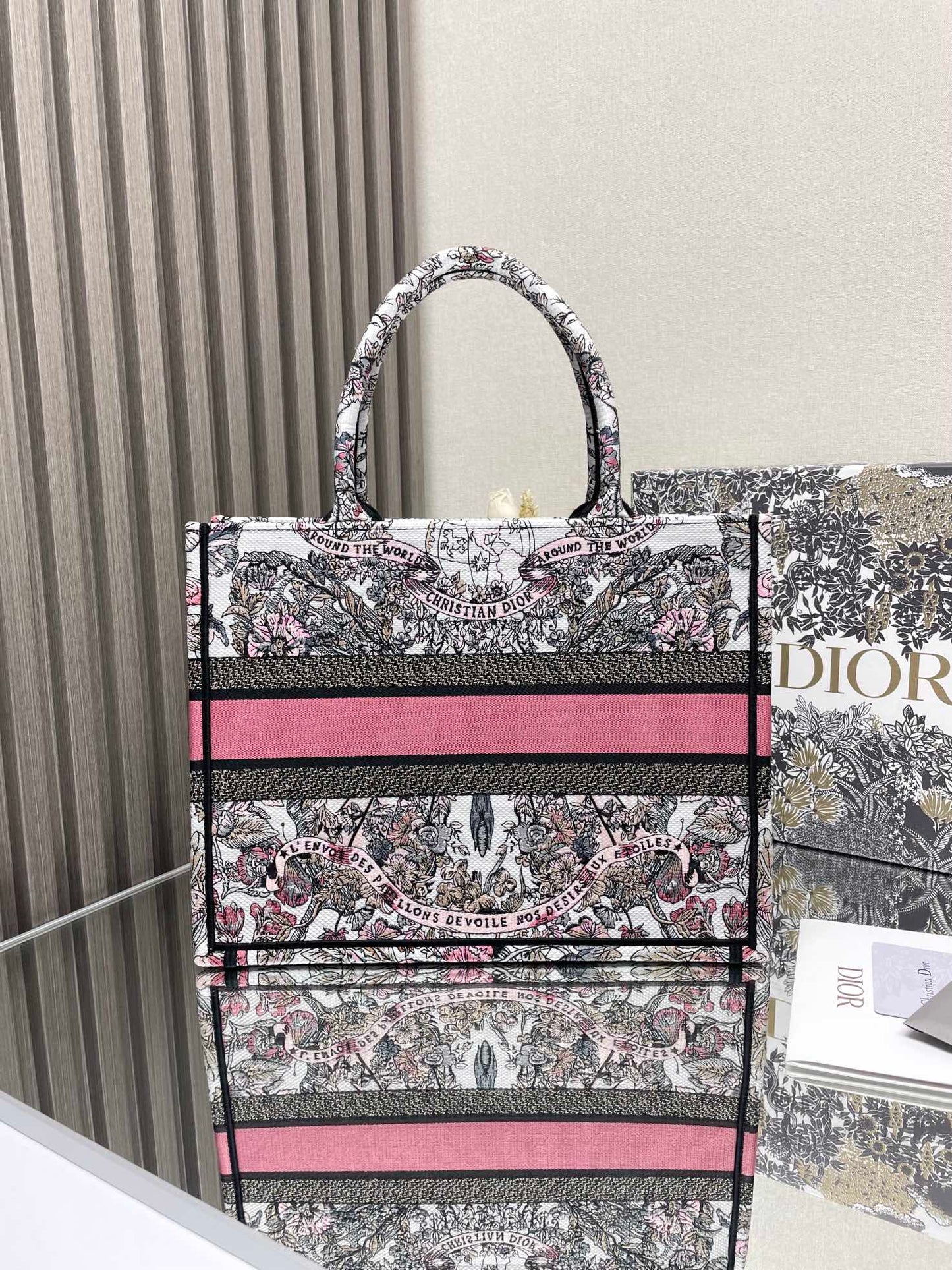 Dior Elegant Pink and Black Floral Tapestry Canvas Tote Handbag