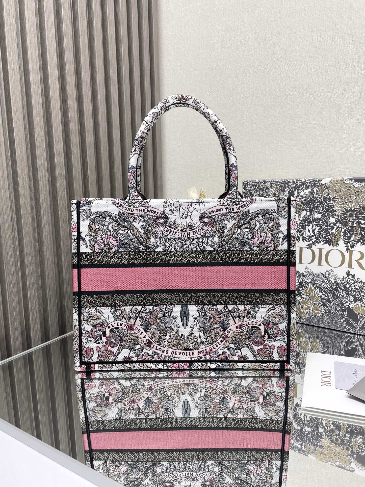Dior Elegant Pink and Black Floral Tapestry Canvas Tote Handbag