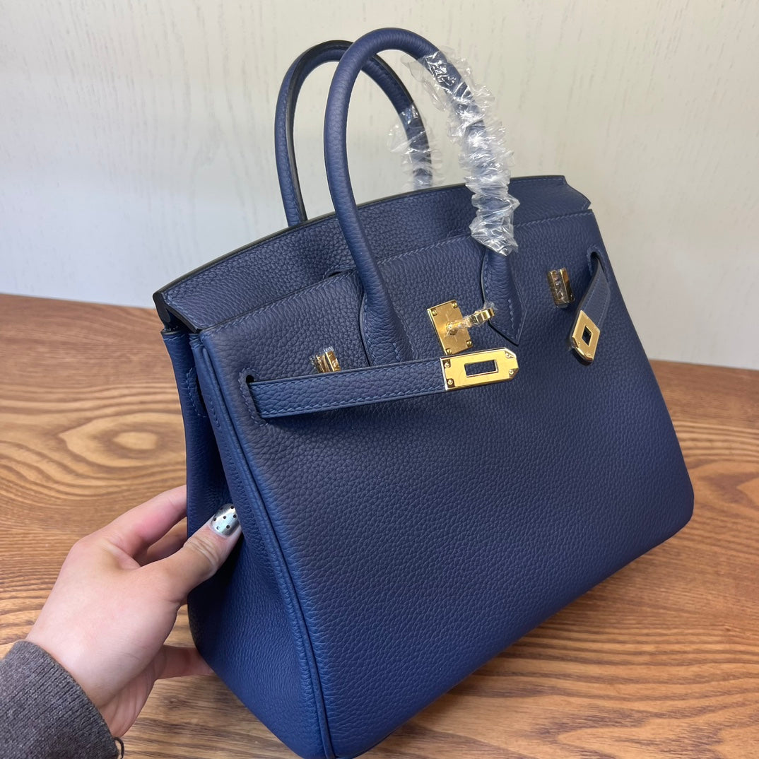 Classic Navy Blue Grained Leather Handbag with Gold-Tone Hardware - Structured Top Handle Tote
