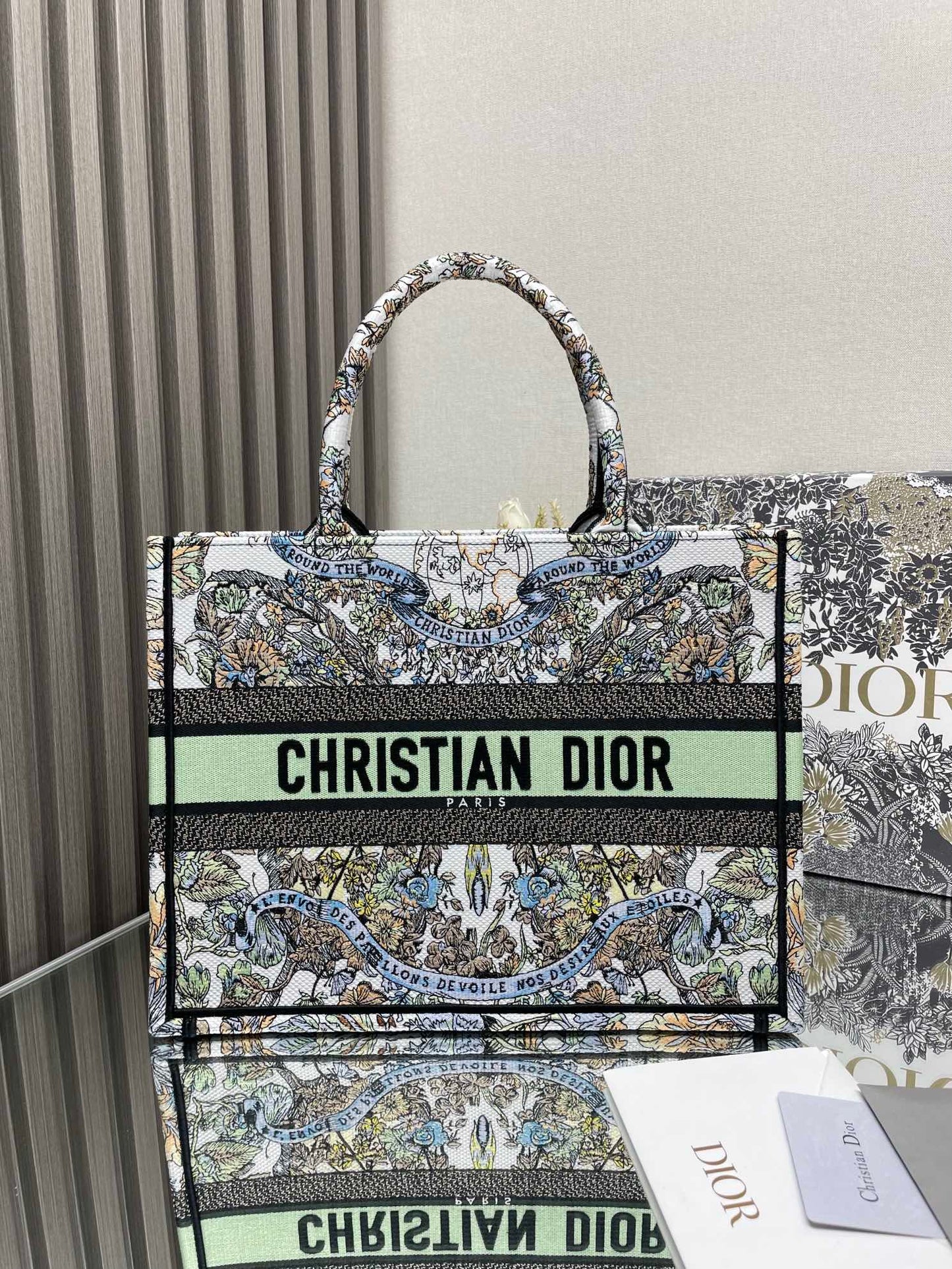 Dior Vintage Style Floral Embroidered Canvas Tote Bag with Top Handles