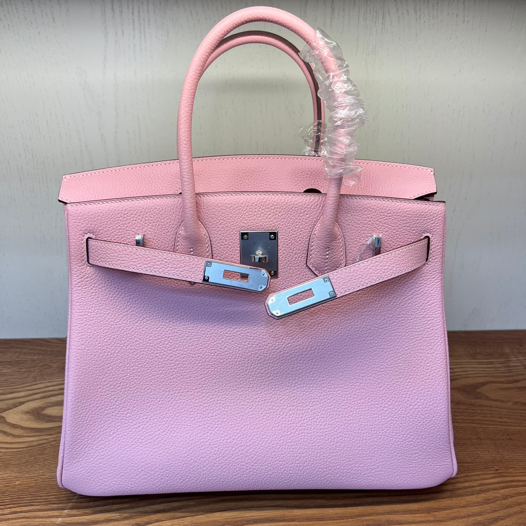 Luxury Pink Pebbled Leather Handbag - Elegant Grained Leather Tote with Protective Feet