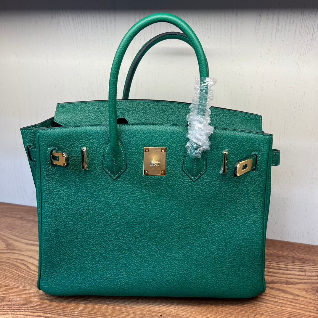 Emerald Green Textured Leather Top Handle Handbag - Elegant Birkin Style Tote