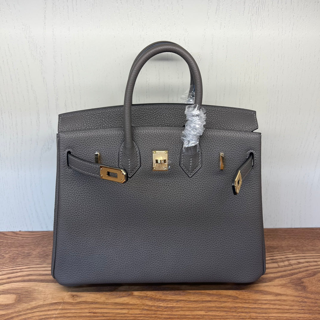 Luxury Togo Leather Handbag Birkin Style with Gold Hardware - Etoupe